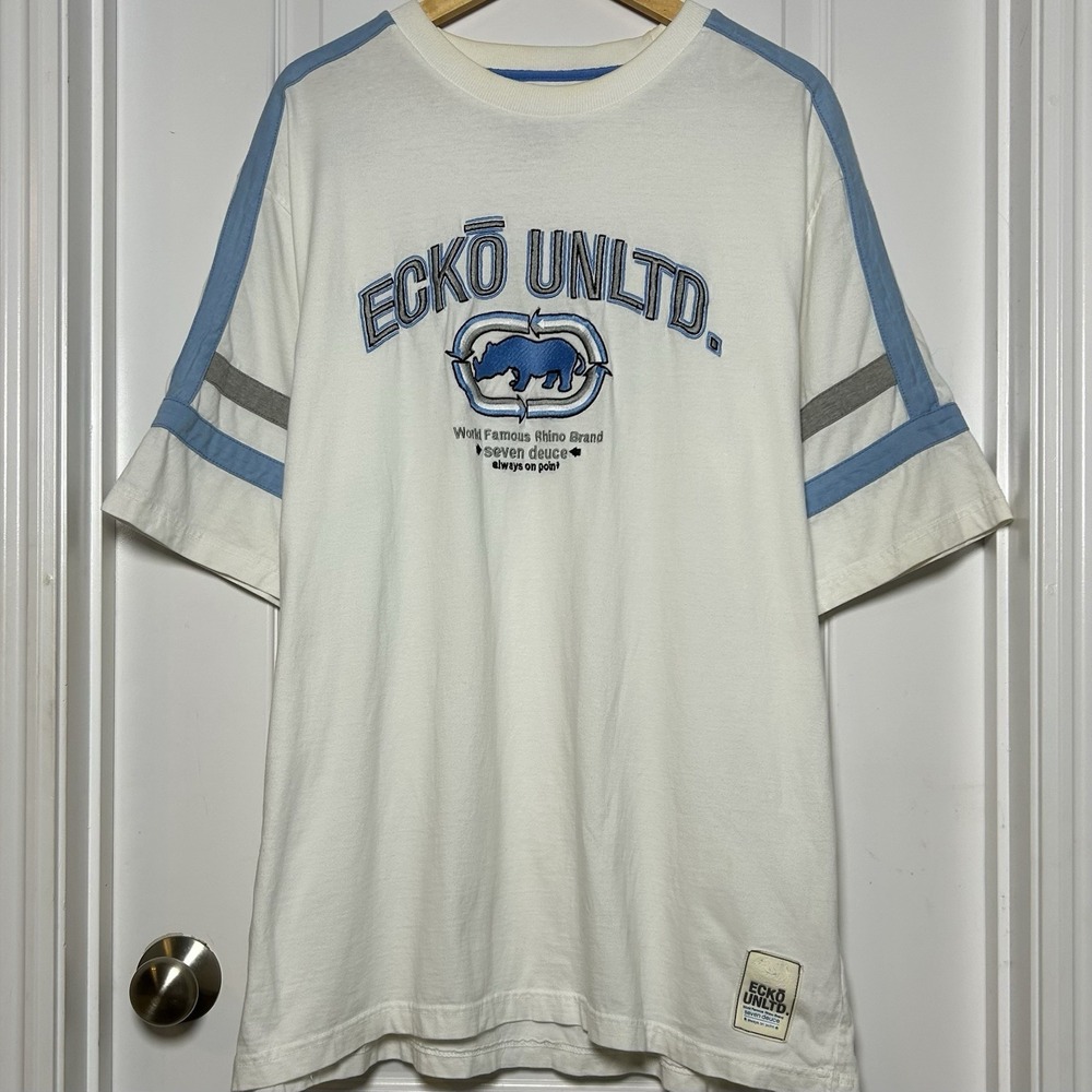 Ekco Unltd Vintage Y2K 2000s 100% Cotton White Blue Rhino Logo Graphic T-Shirt